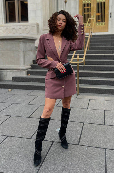 blazer dress with thigh high boots