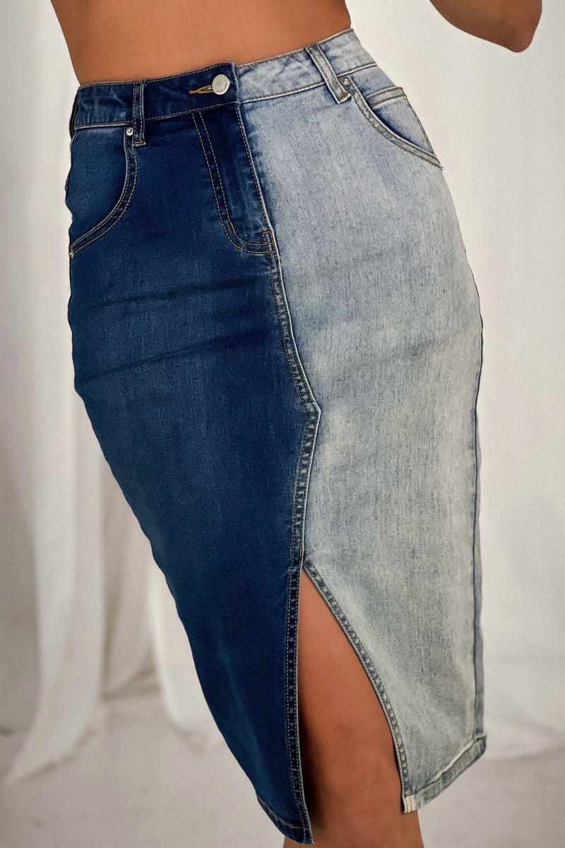 Knee length elastic waist denim skirt top